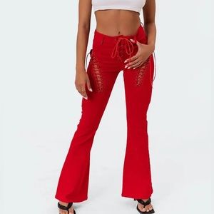 Red Lace-Up High Waist Flare Jeans